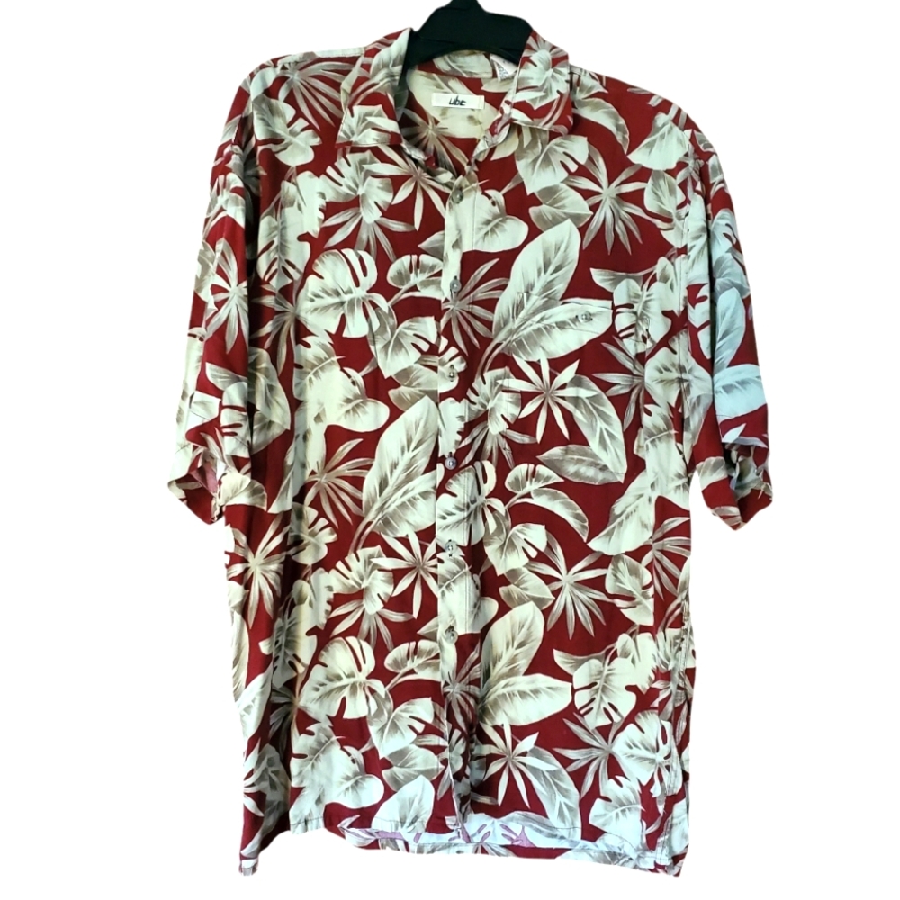 Vintage UBC Shirt Men Large Maroon Floral‎ Hawaiin Button Up Short Sleeve Camp